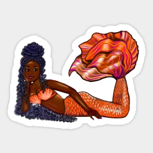 Cute Mermaid in Orange with long Afro hair in dreadlocks ocean sea life Melanin queen African American mermaids Sticker